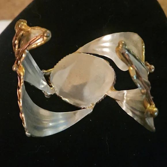 Vintage Brutalist Turqouis Sterling Silver And Copper Large Cuff Bracelet
